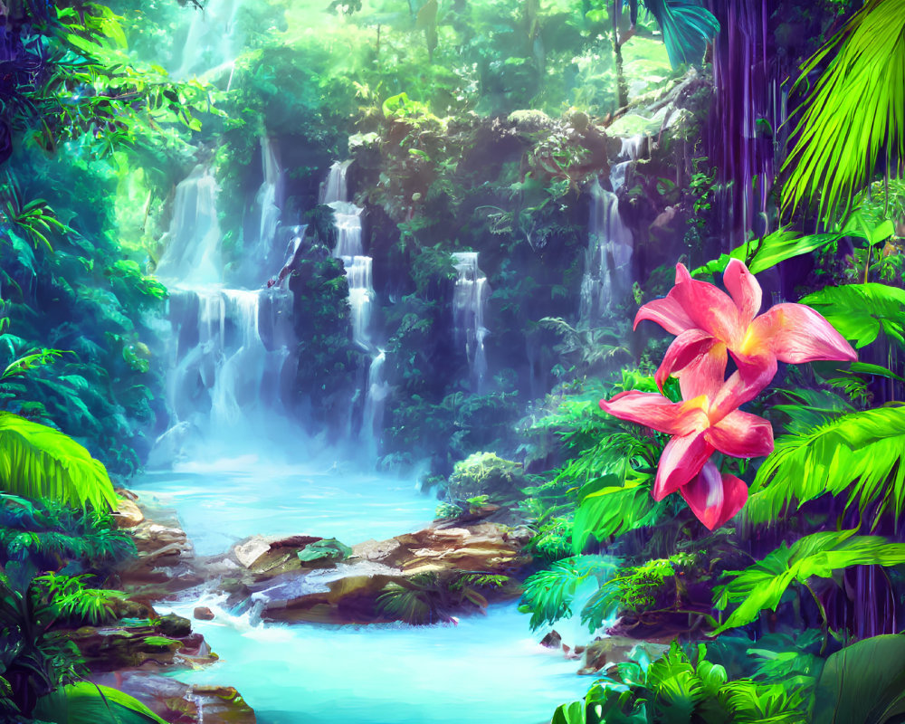 Tropical Waterfall Landscape with River and Pink Flowers