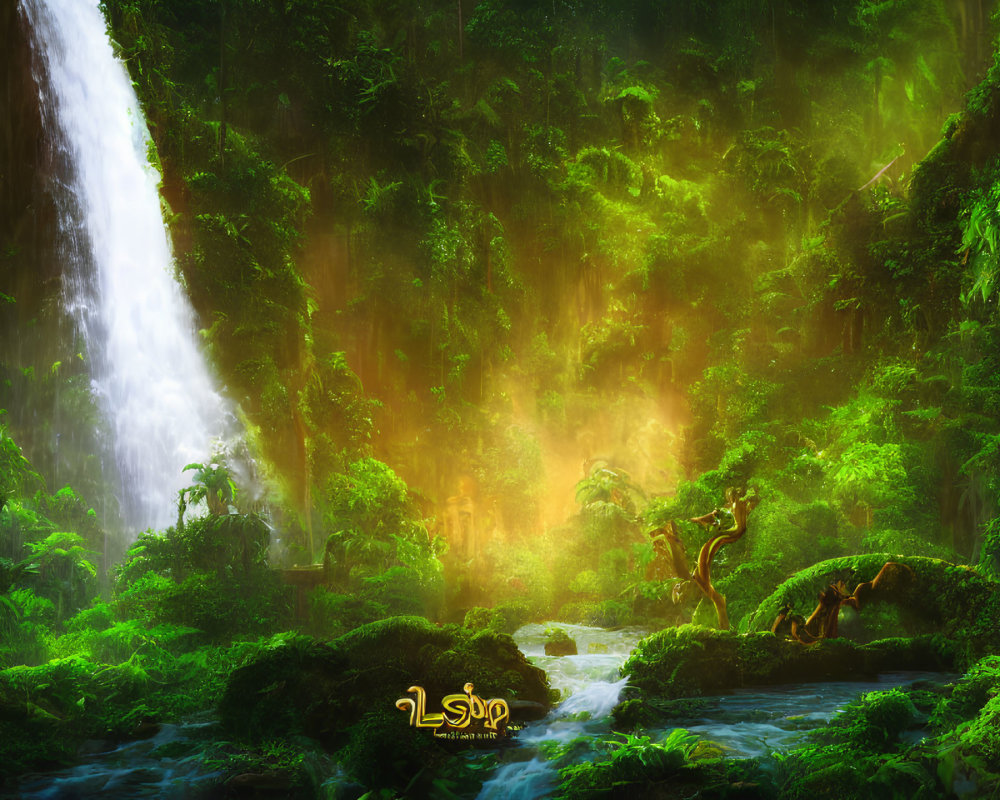 Mystical waterfall in lush green forest with sunlight and serene river