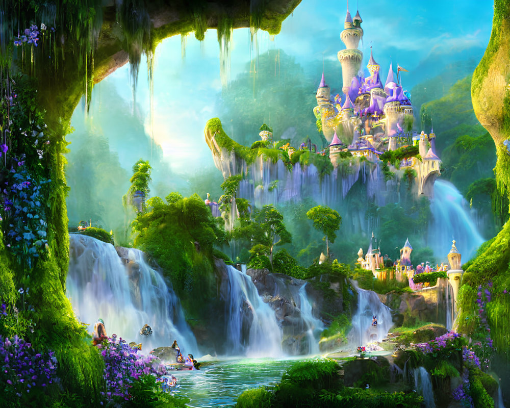 Fantastical landscape with castle, waterfalls, lush greenery, birds, and boats under vibrant
