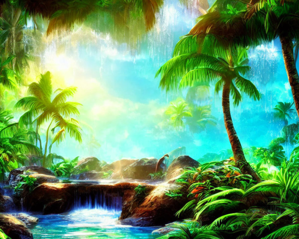 Vibrant tropical forest with palm trees, waterfall, and blue pool