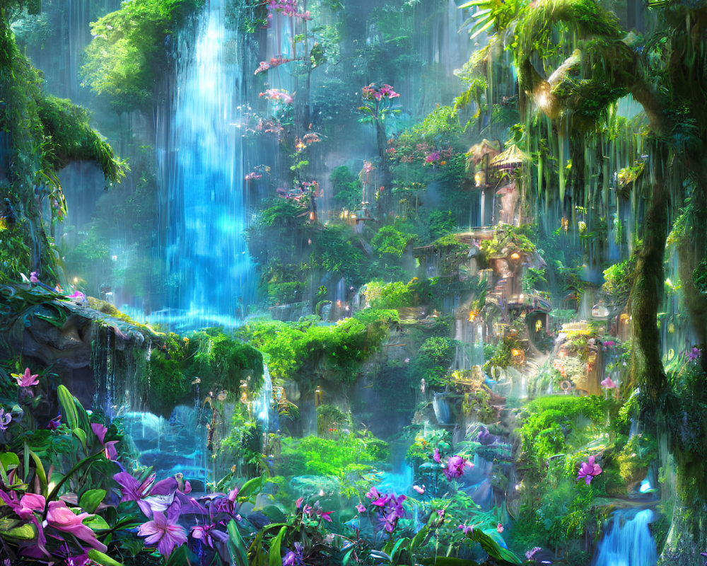 Mystical waterfall cascading into turquoise pool amidst lush foliage and fantastical treehouse-like structures