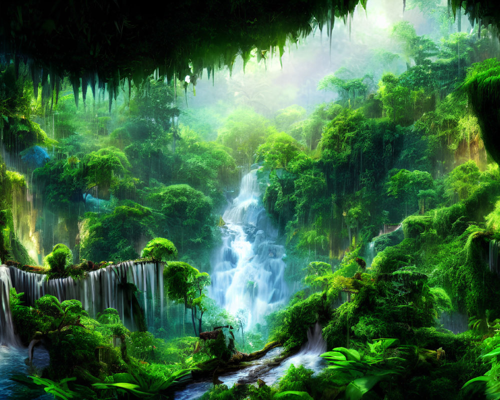 Lush green forest with waterfalls and river in misty atmosphere