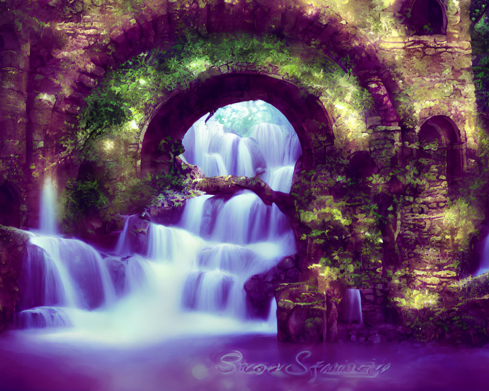 Ethereal waterfalls in ancient stone ruins with lush purple foliage