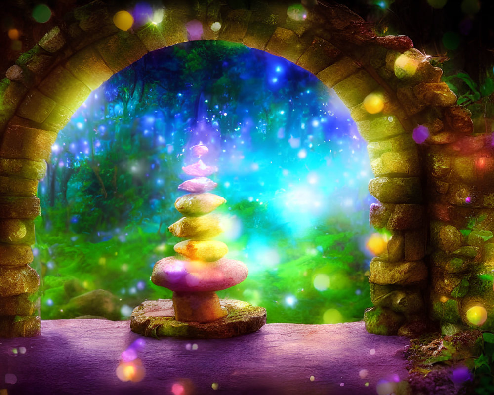 Mystical stone archway in lush forest with glowing cairn & floating orbs