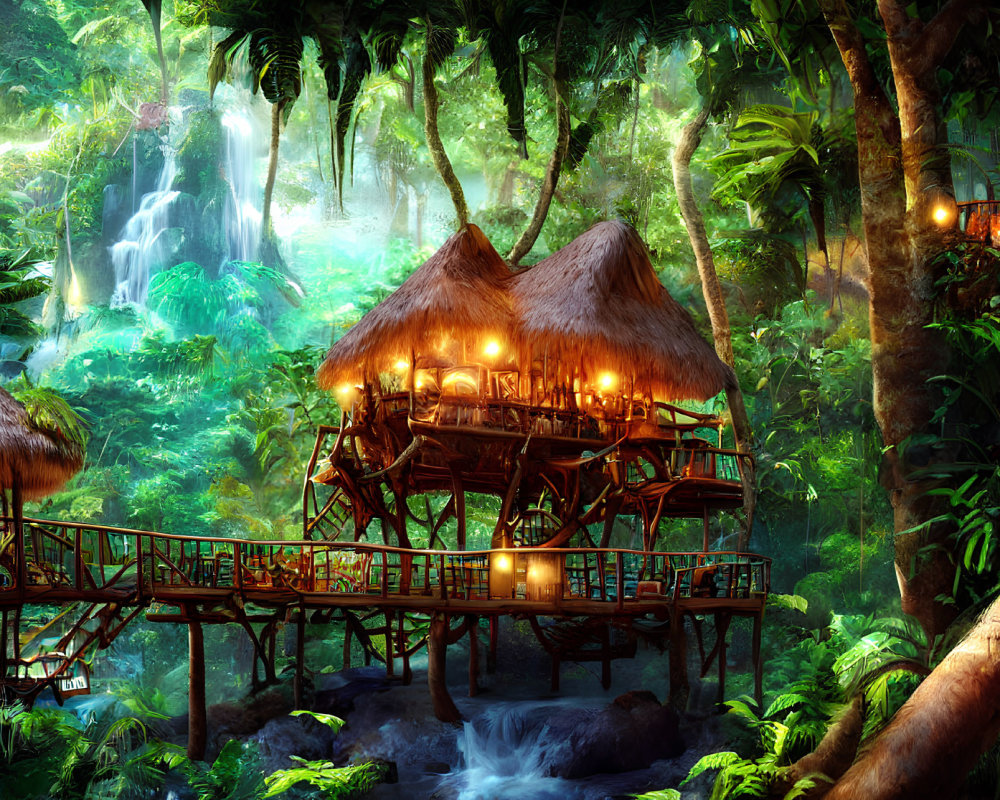 Thatched treehouse with lanterns in lush jungle scenery