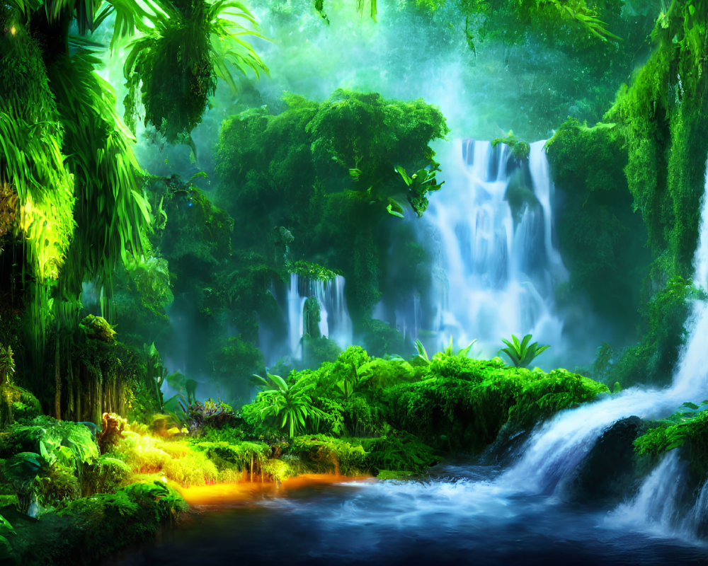 Tropical Forest with Waterfall, Vibrant Foliage, and Misty Waters