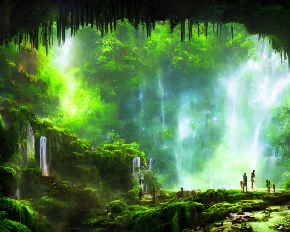 Explorers in lush cave with waterfalls and mist