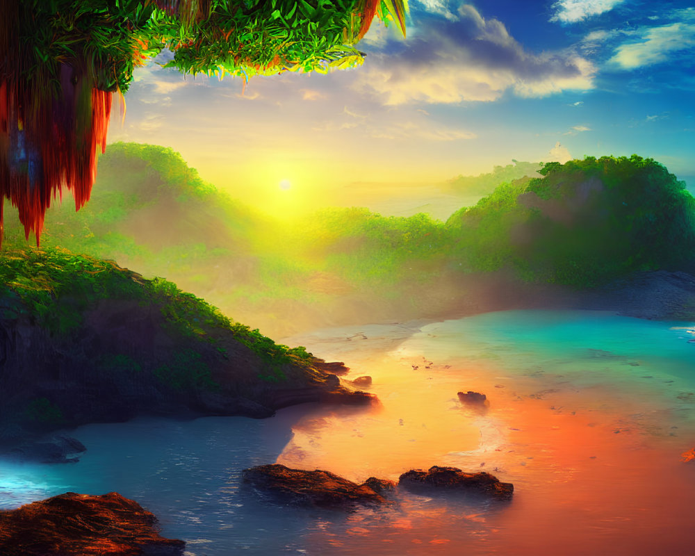 Tropical Cove Sunrise with Waterfall and Lush Vegetation