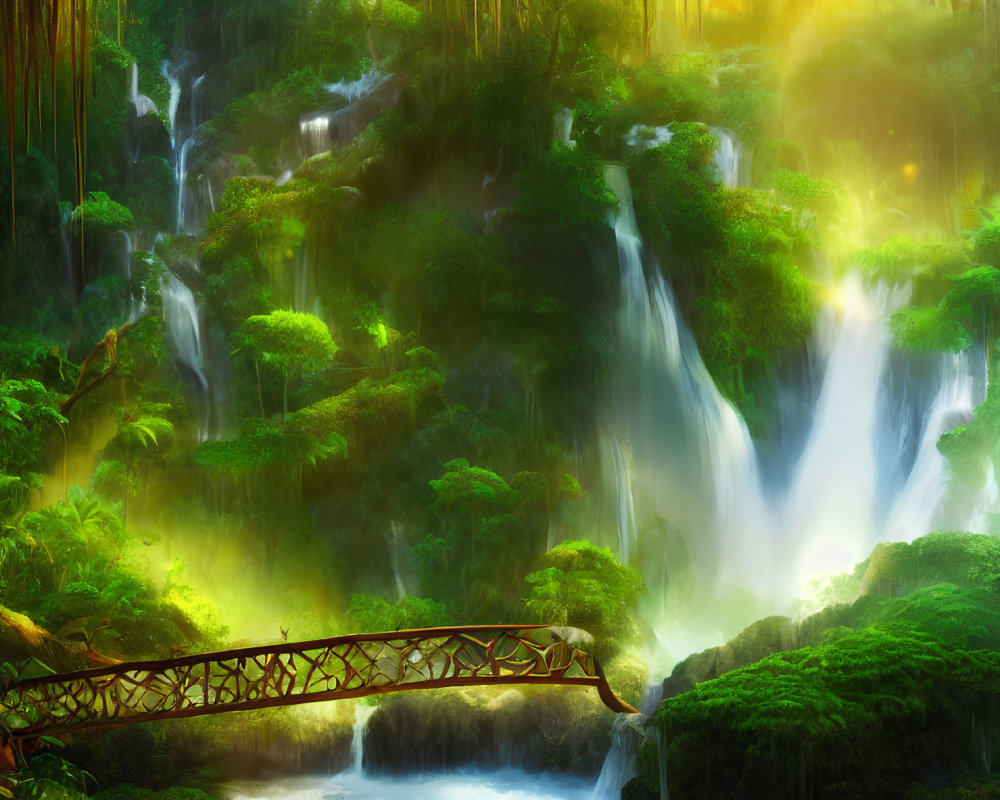 Serene forest scene with waterfalls, sunlight, and wooden bridge