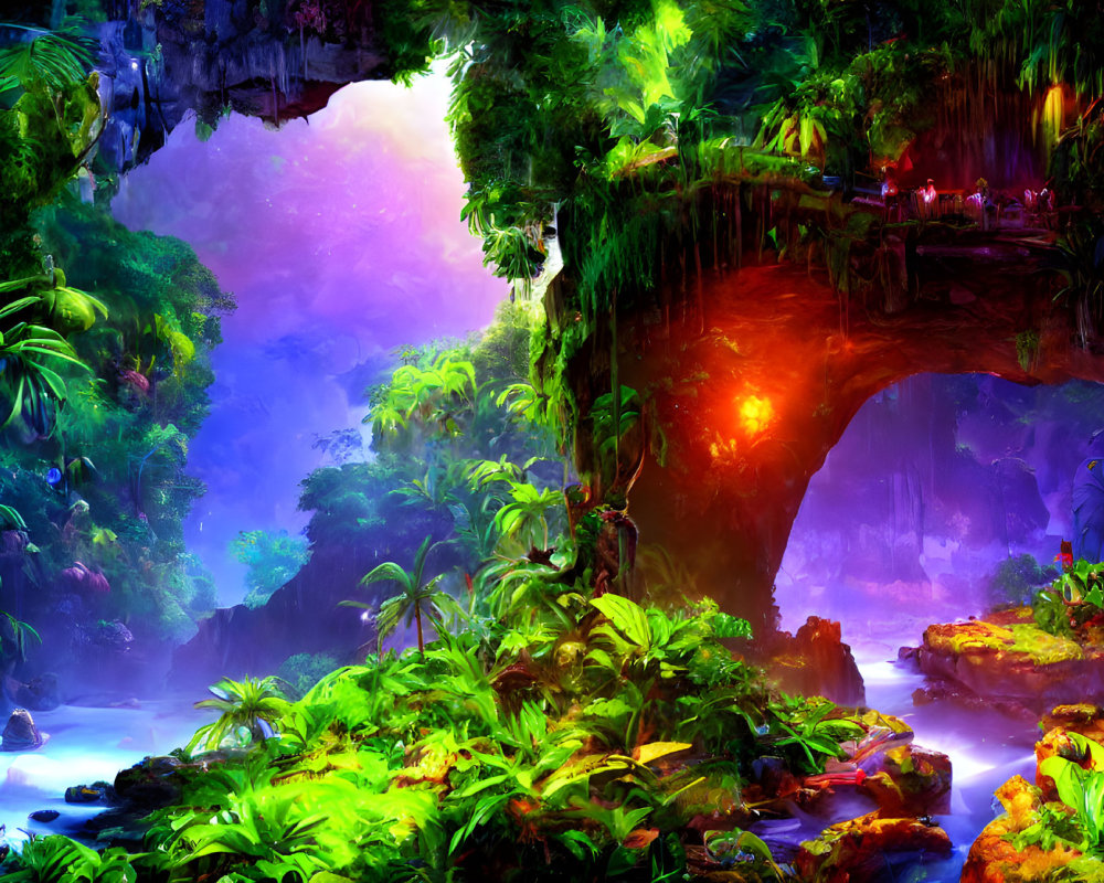 Mystical forest with natural arch bridge, lush vegetation, flowers, serene river