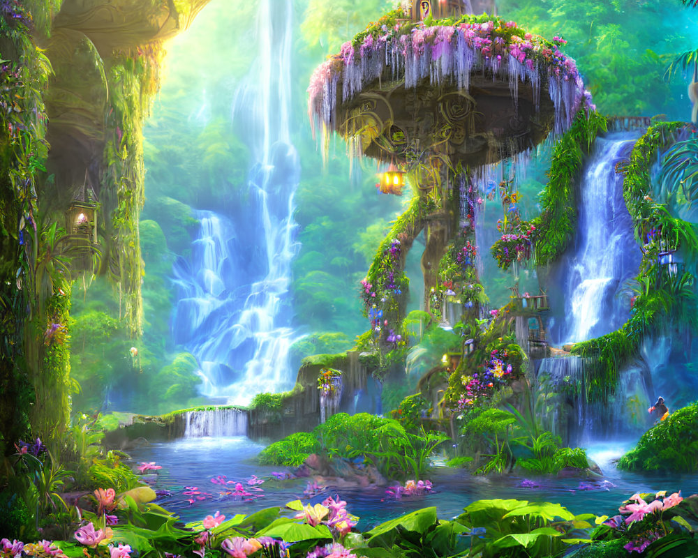 Fantasy landscape with waterfall, greenery, staircase, and floral structure
