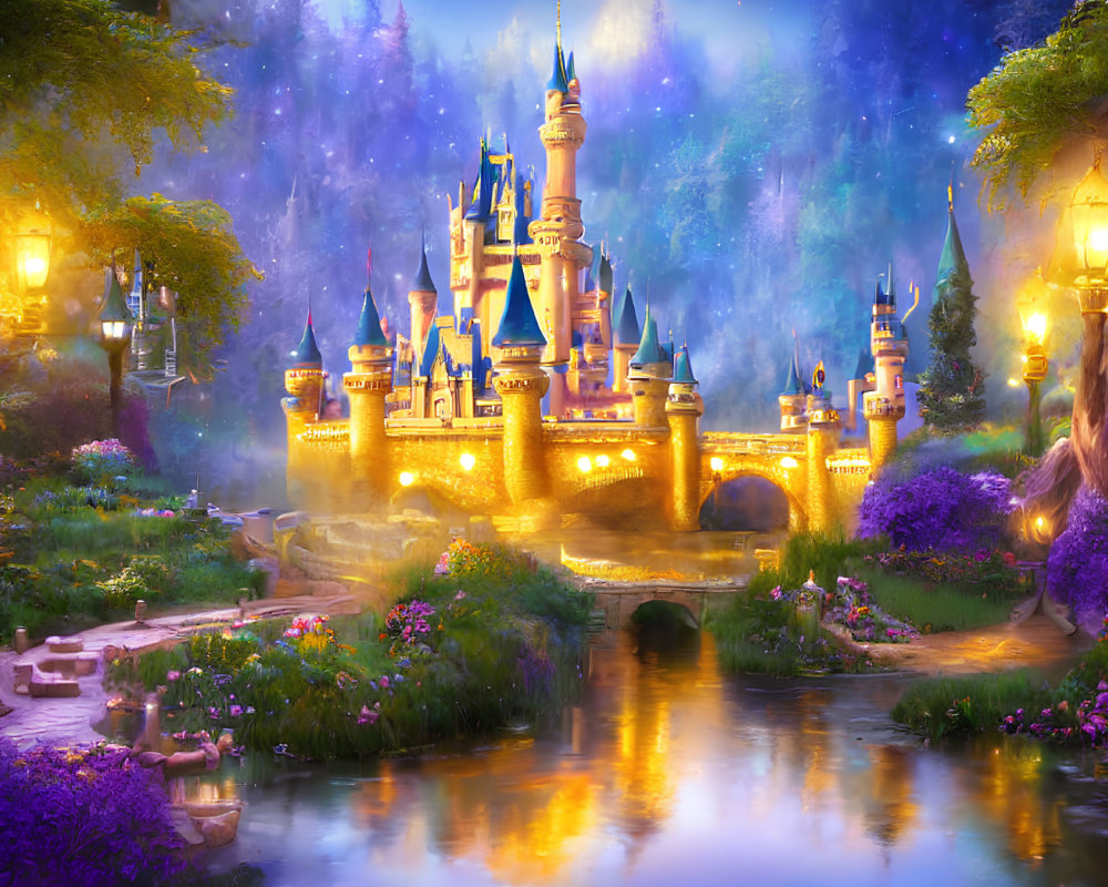 Enchanted castle with illuminated towers in magical forest by serene river