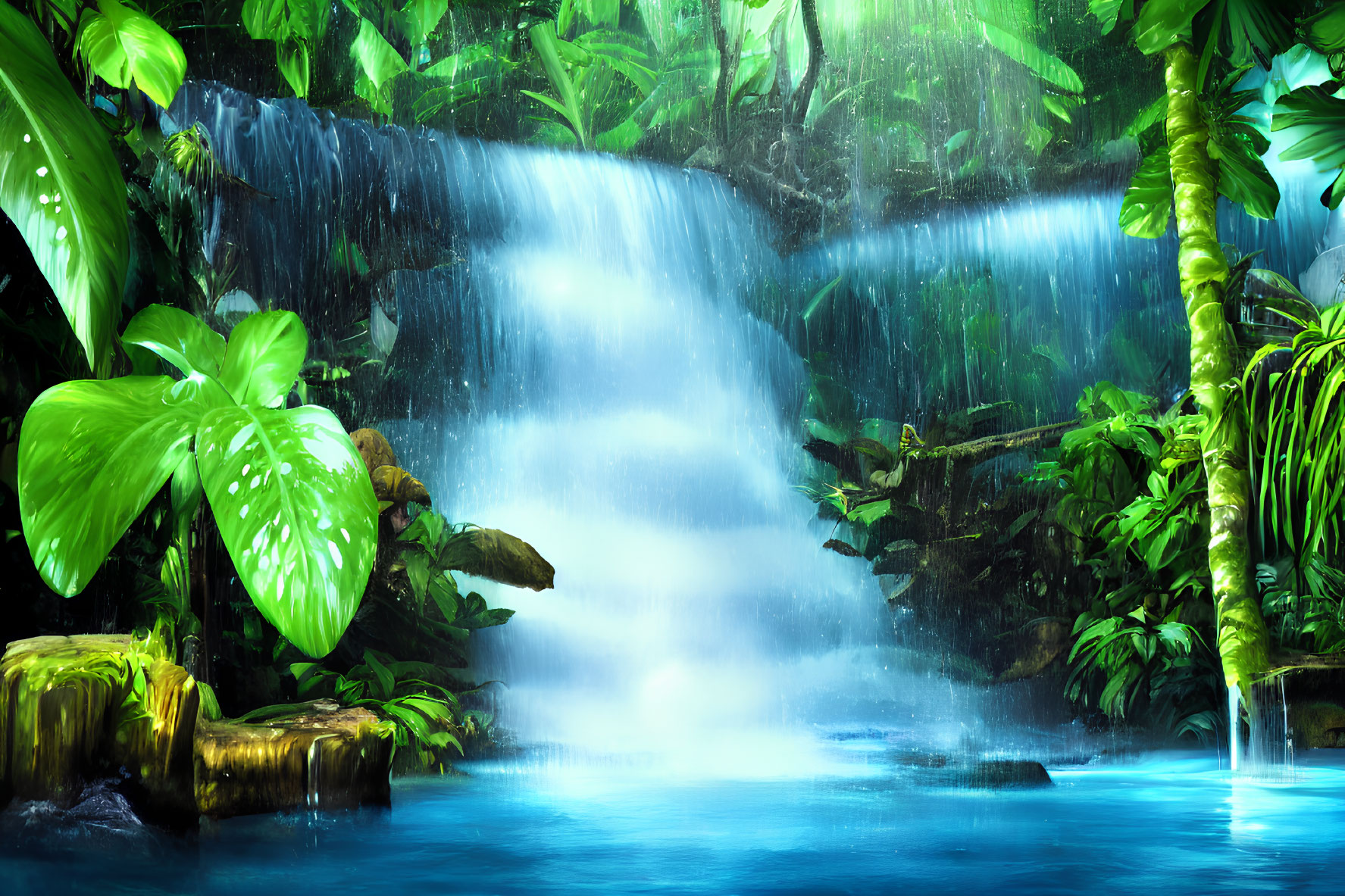 Tranquil Tropical Waterfall Surrounded by Lush Green Foliage