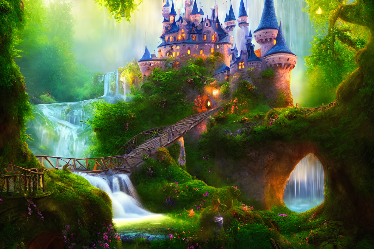 Majestic castle in lush forest with waterfalls and river