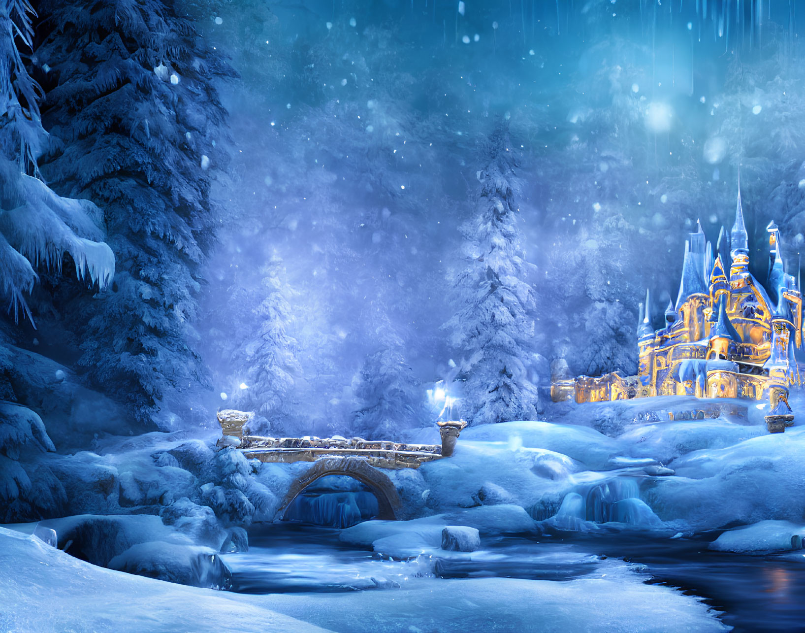 Snowy Night Fantasy Castle with Illuminated Bridge & Icy Trees