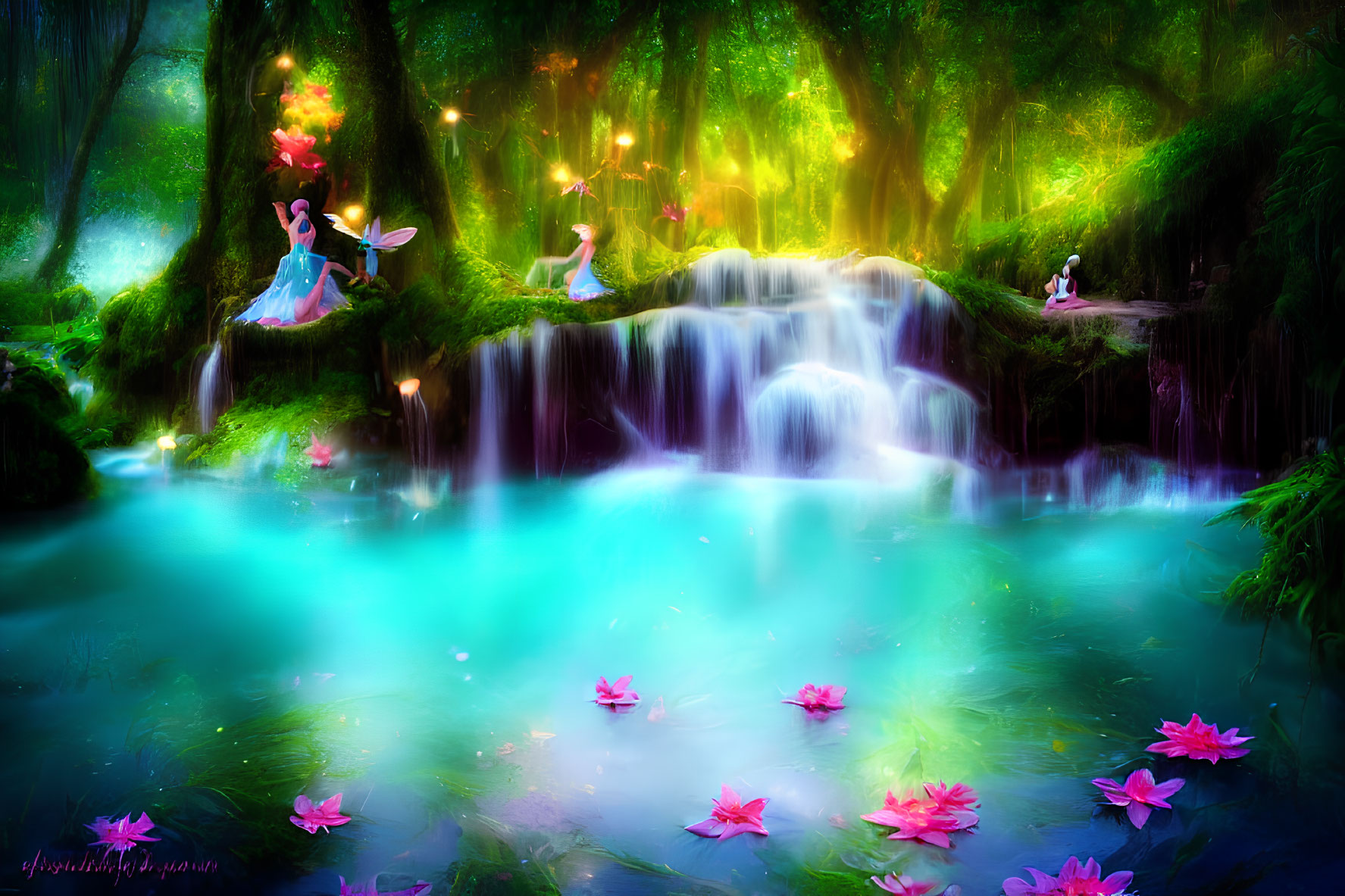Fantasy Landscape with Waterfalls, Glowing Forest, and Figures in Flowing Dresses