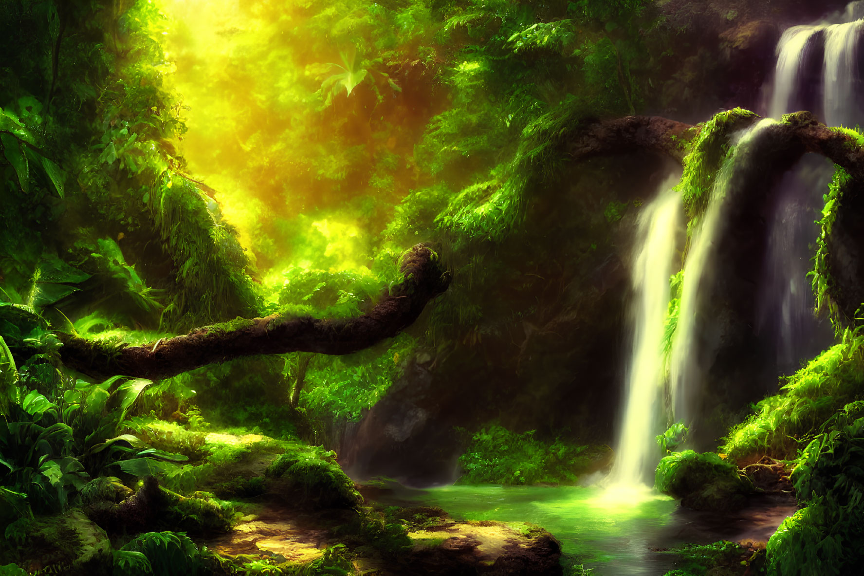 Tranquil pond with cascading waterfall in lush forest