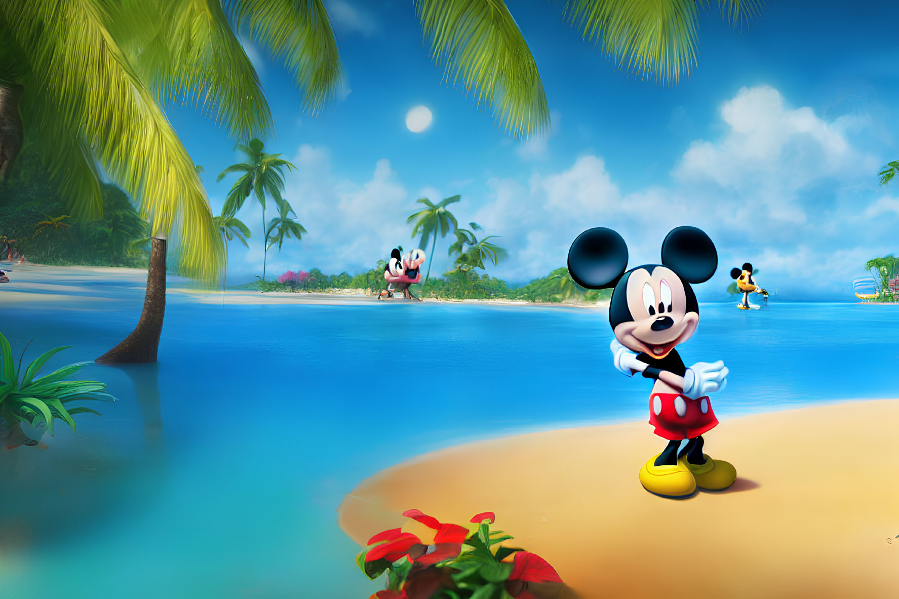 Sunny beach scene with palm trees, blue water, Goofy, and Minnie Mouse