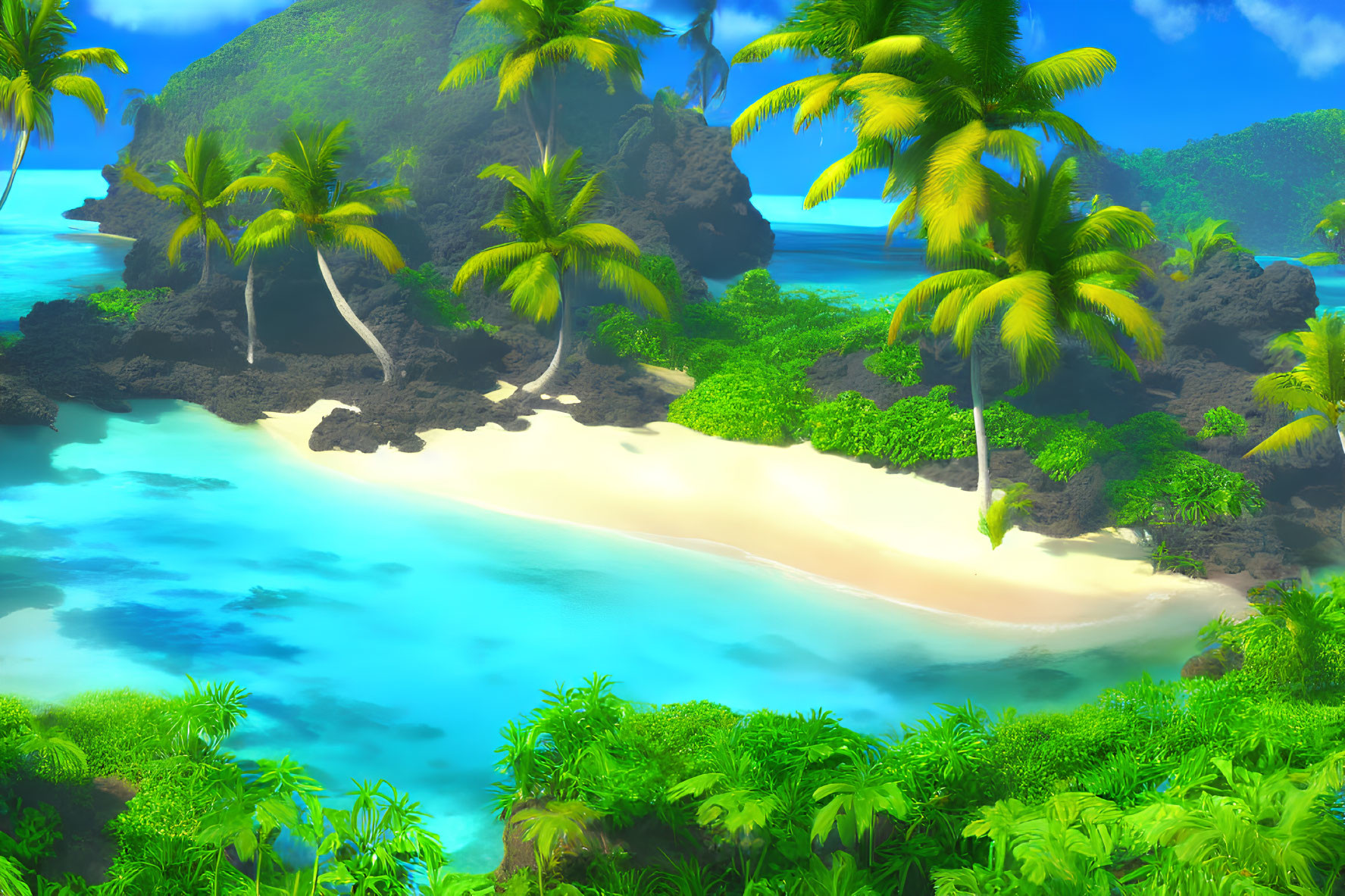 Tropical Beach Scene with Palm Trees, Blue Water, White Sand, and Rocks