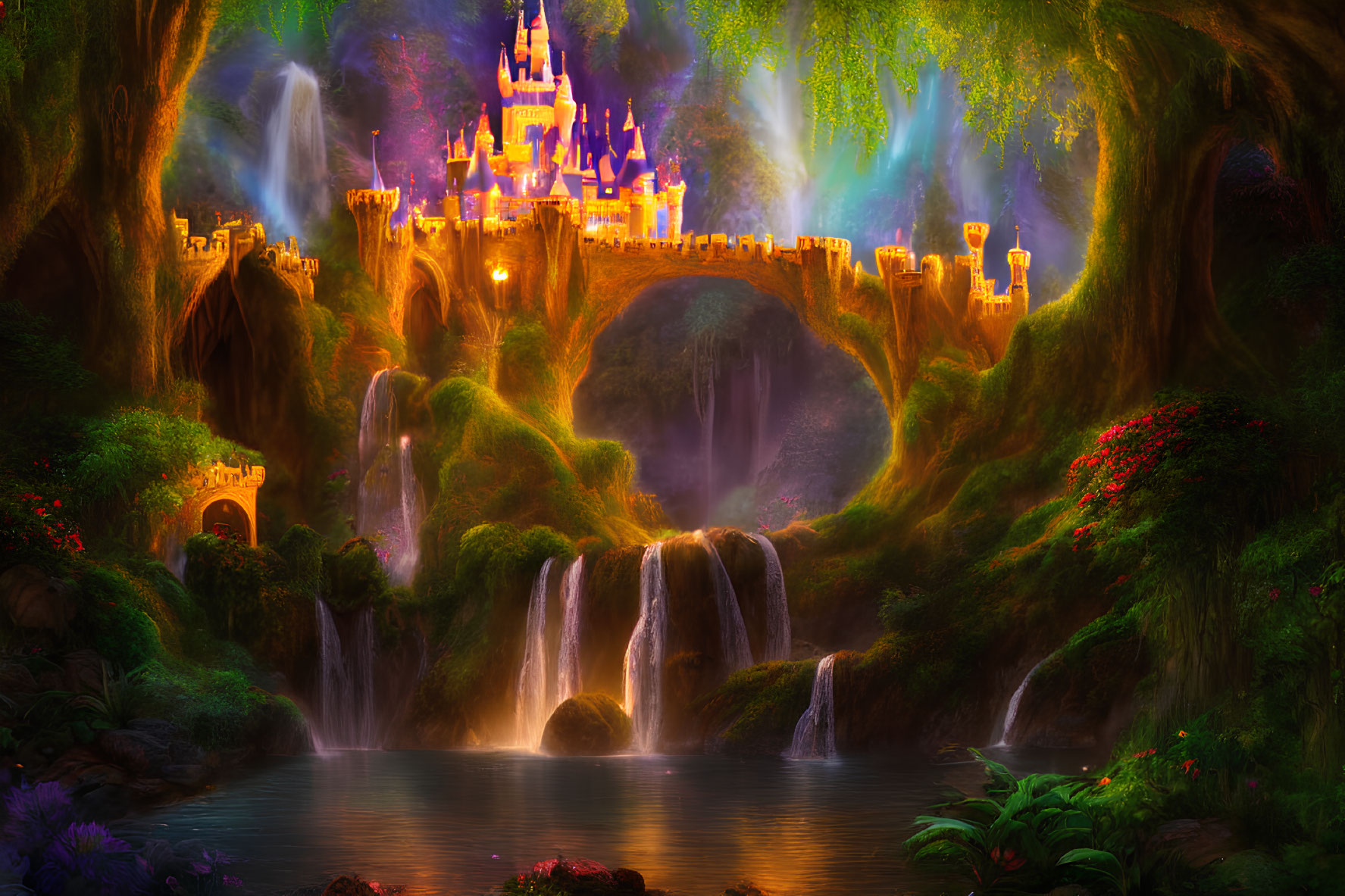 Majestic castle on waterfall in vibrant fantasy landscape