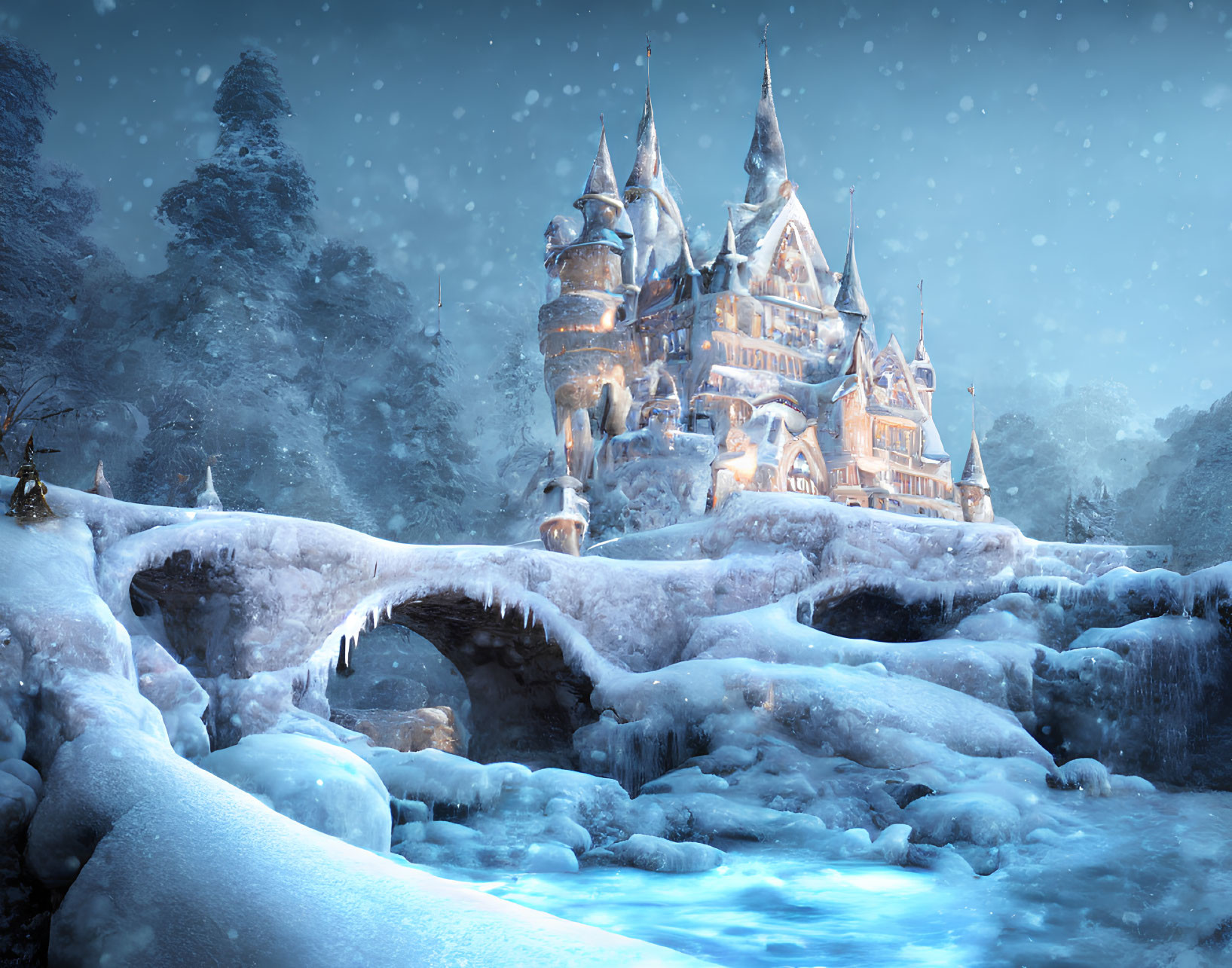 Snow-covered castle, stone bridge, falling snowflakes - Magical winter scene
