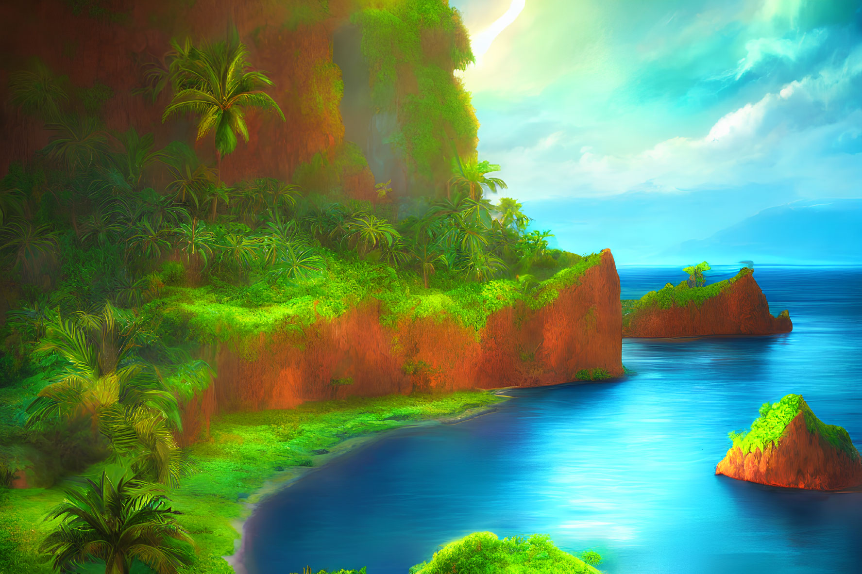 Tropical landscape with lush greenery, blue lagoon, cliffs, and sunset glow