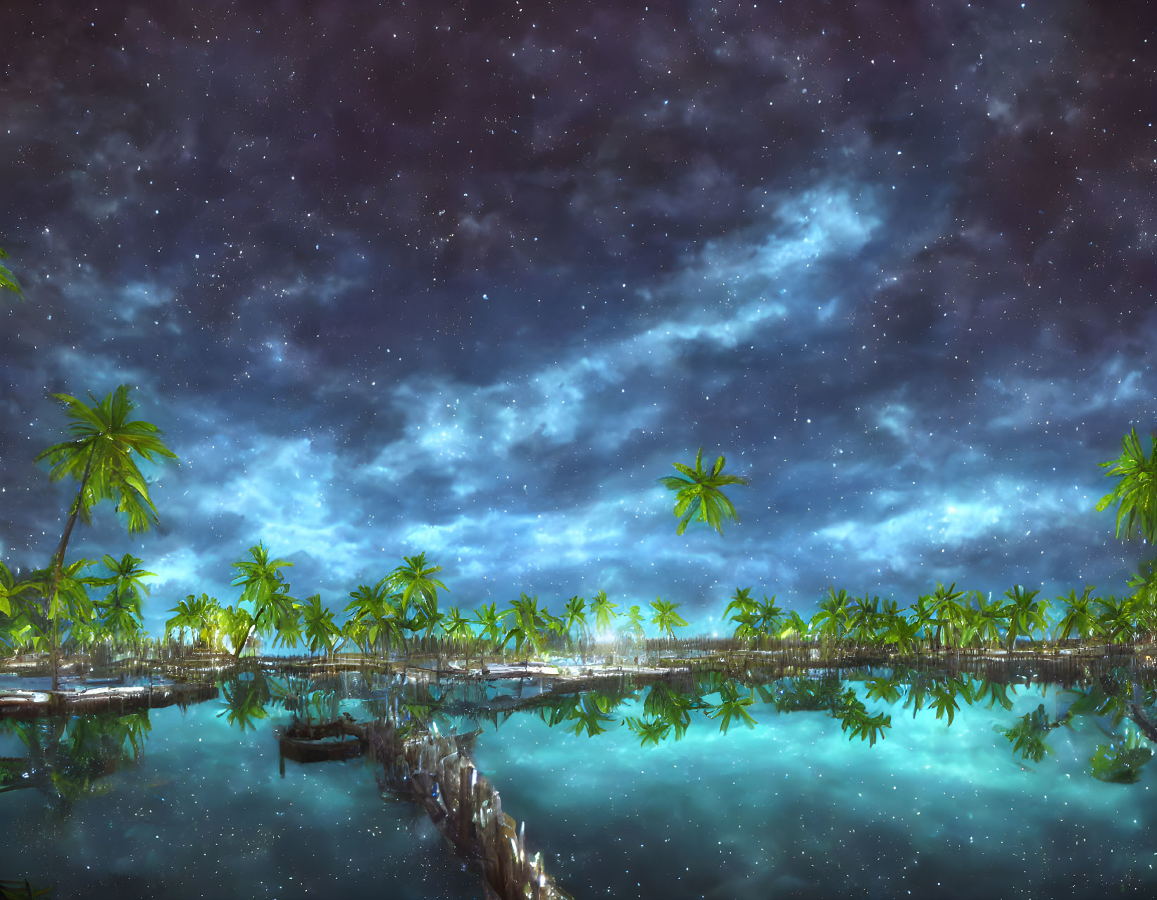 Nighttime Tropical Scene with Palm Trees, Reflective Water, Starry Sky