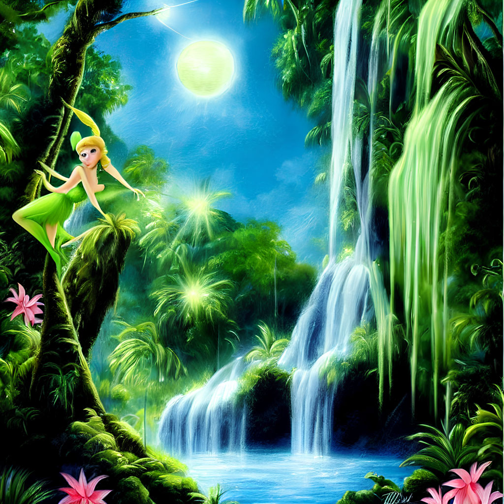 Colorful fairy with wings in enchanted forest setting