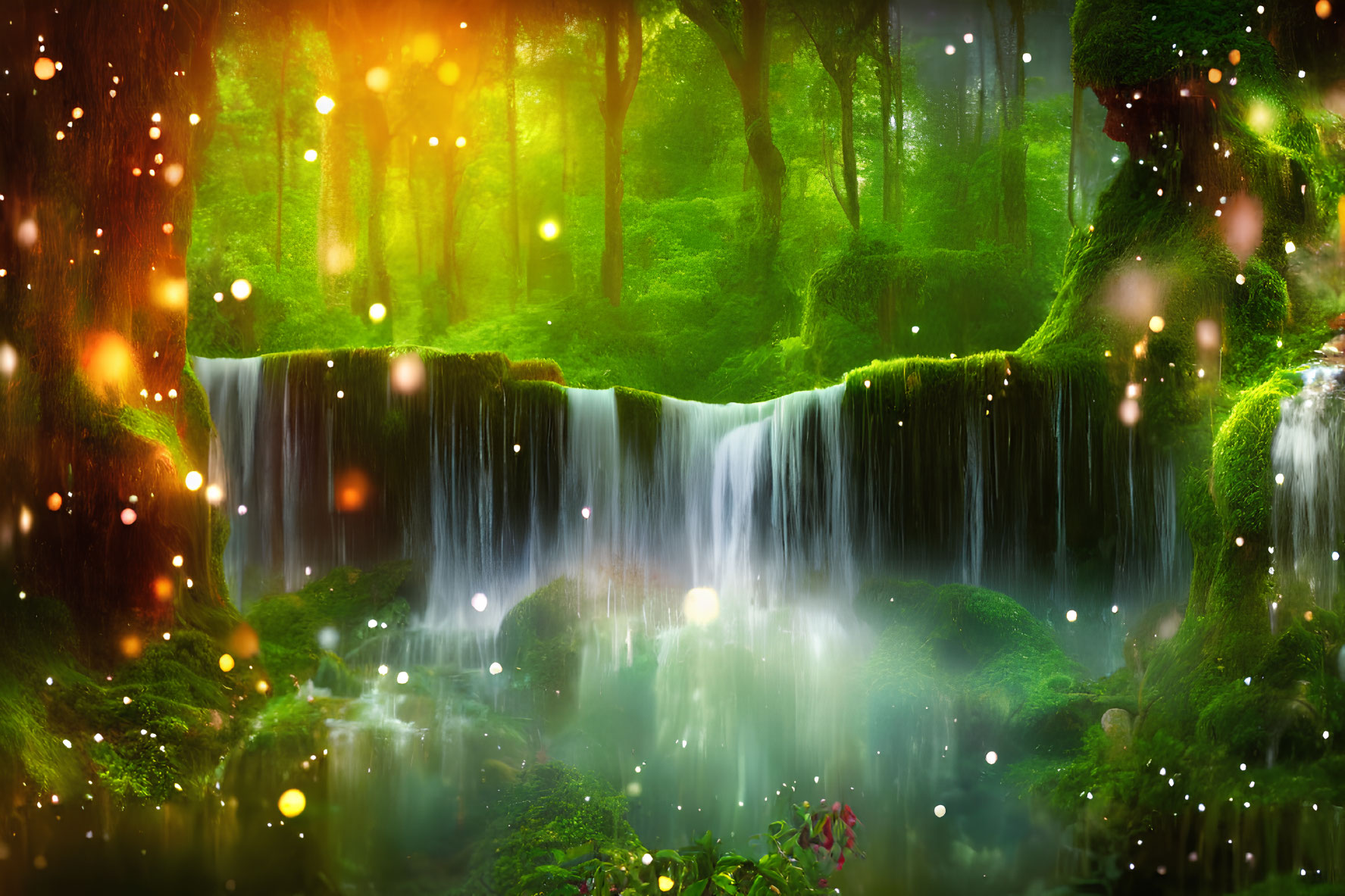 Serene Waterfall in Enchanted Green Forest