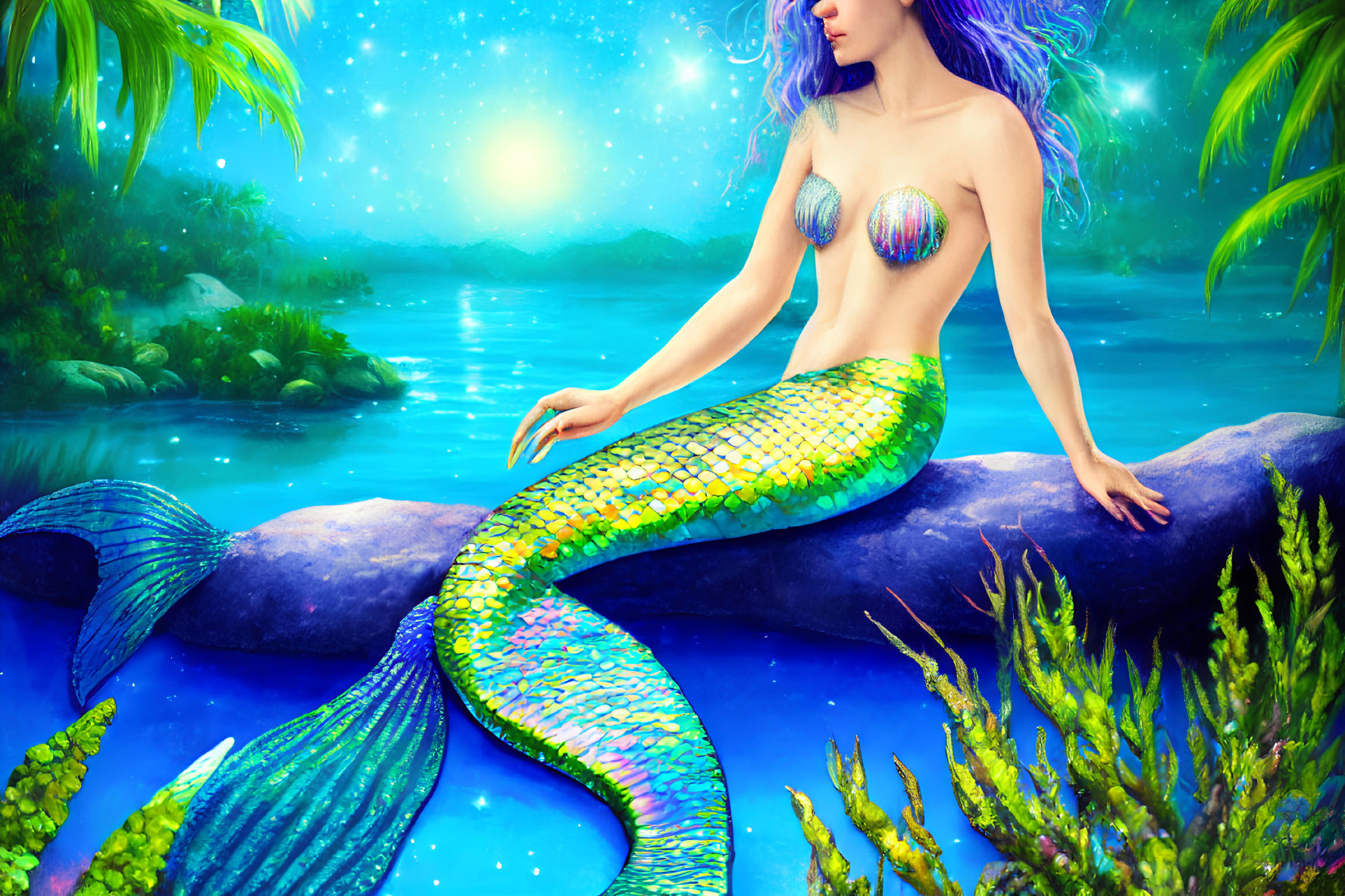Vibrant mermaid illustration by serene lagoon