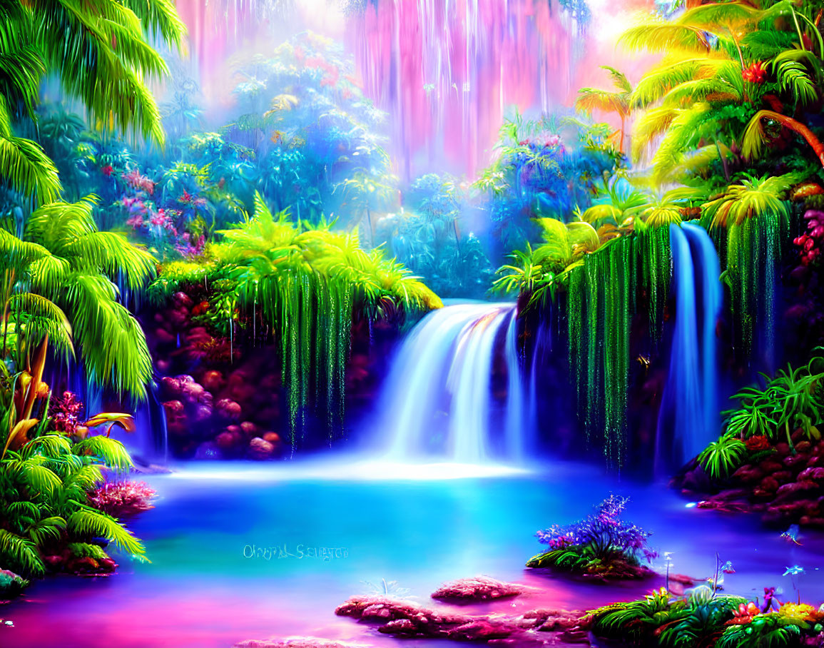 Surreal landscape with waterfall, lush greenery, purple hues, and serene blue pond