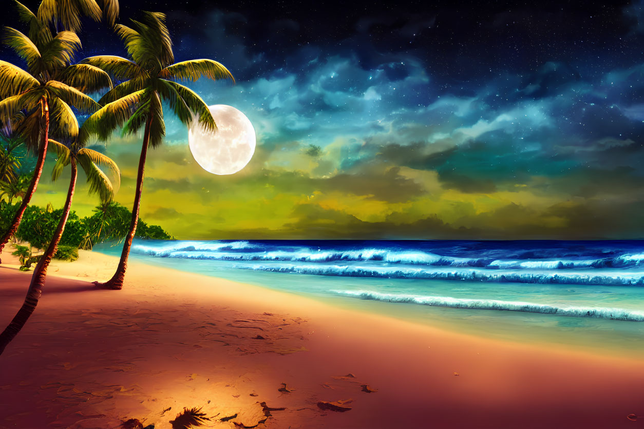 Nighttime Tropical Beach Scene with Glowing Blue Waves and Full Moon