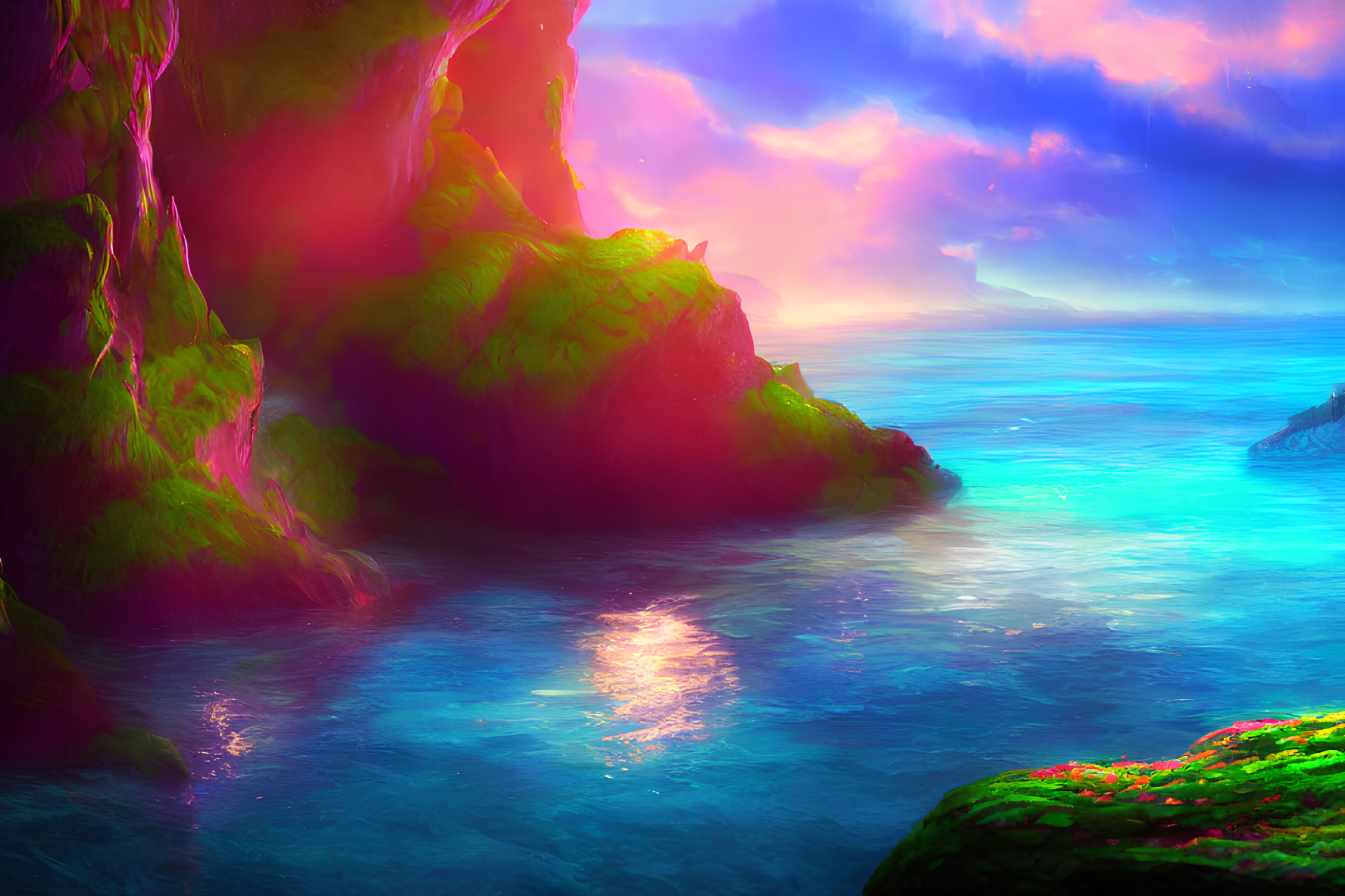 Vivid Pink and Blue Sky Over Mystical Seascape