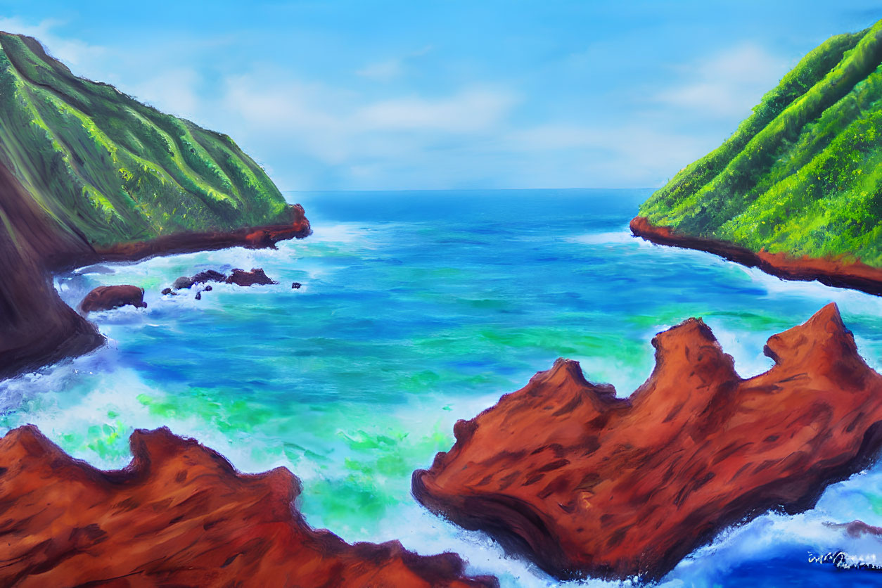 Vibrant Landscape Painting: Blue Sea, Green Cliffs, Red Rocks