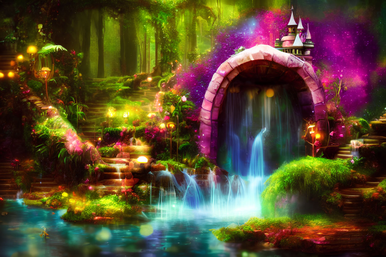 Enchanting forest waterfall under arch bridge in mystical scene