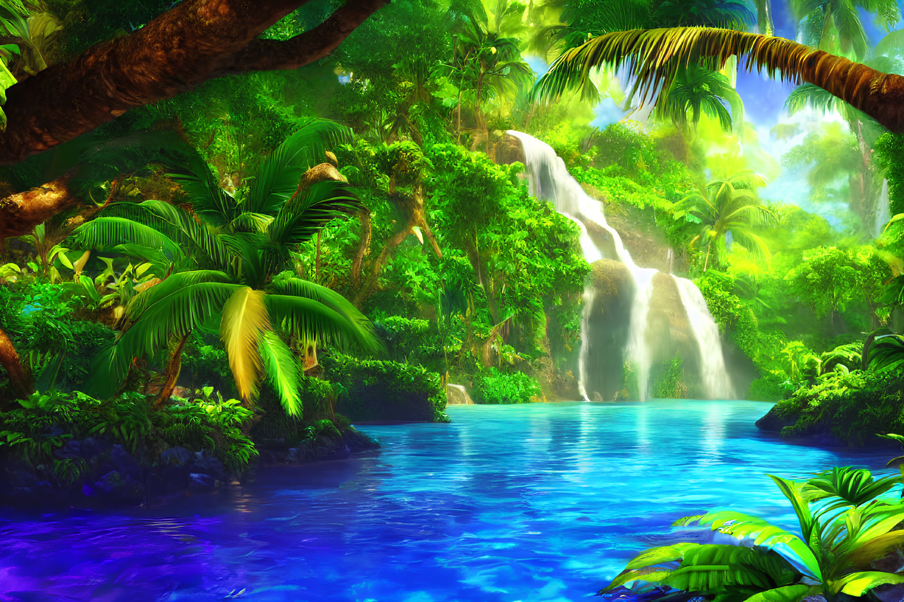 Tropical paradise with palm trees, waterfall, and blue river
