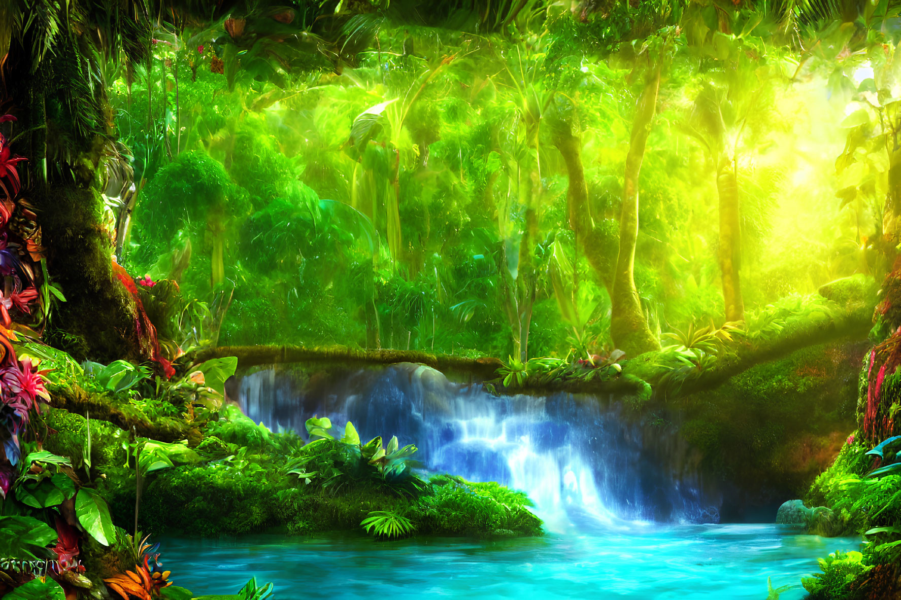 Tropical jungle scene with vibrant vegetation and sunlit waterfall