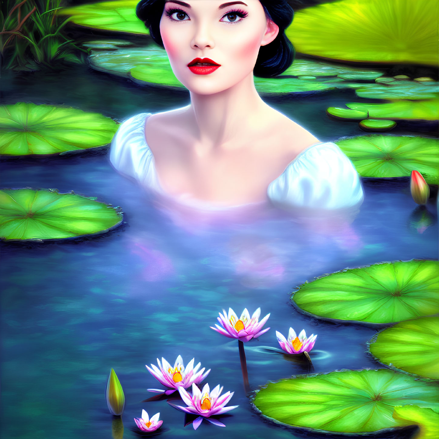 Dark-haired woman in blue pond with water lilies and green lily pads