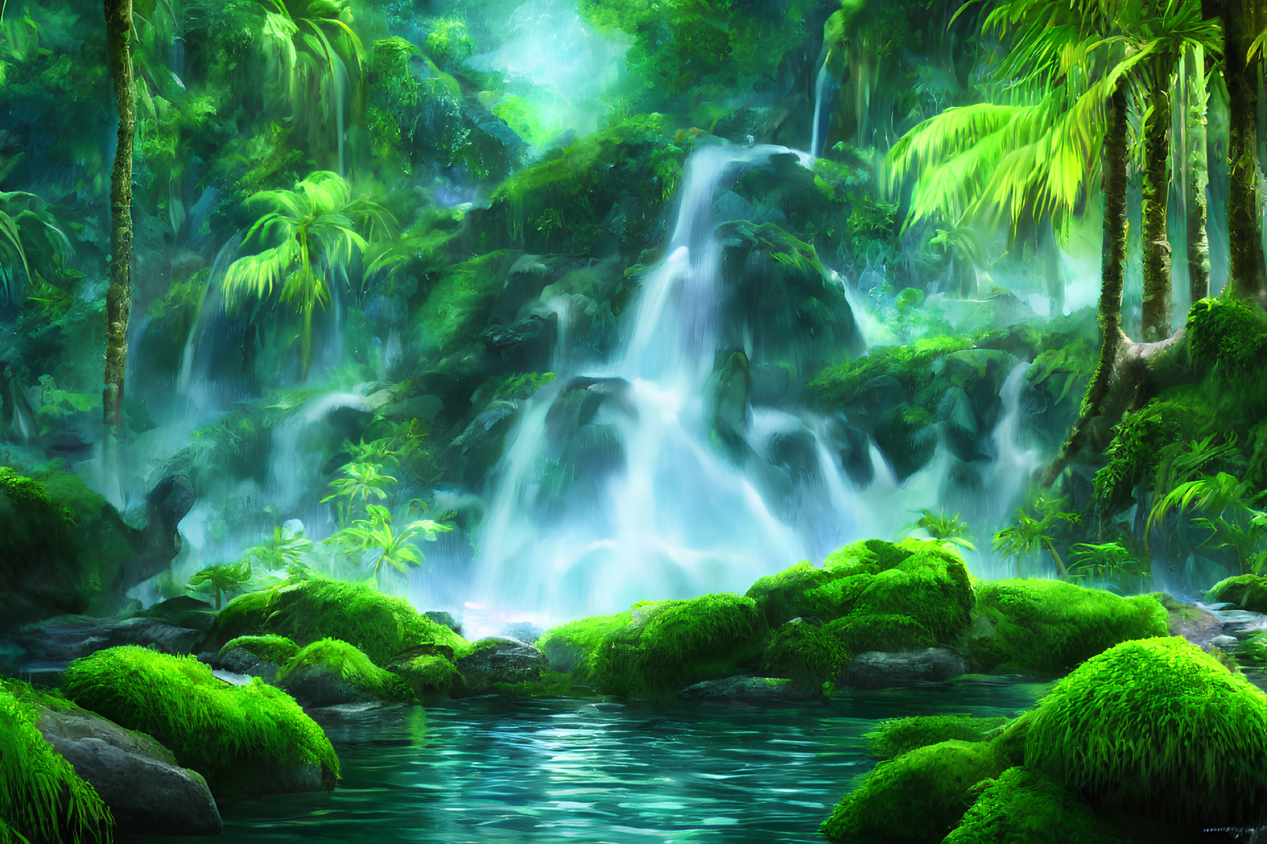 Verdant jungle scene with cascading waterfall and mossy rocks