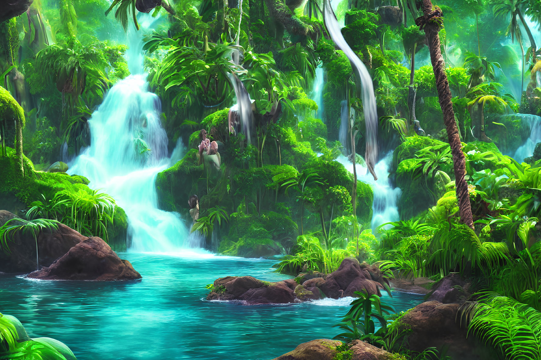 Lush Jungle Scene with Cascading Waterfalls