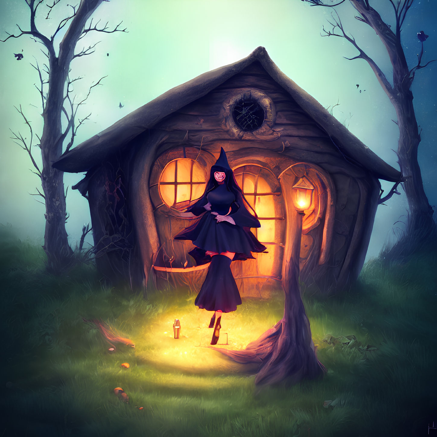 Whimsical witch illustration at dusk with cozy treehouse