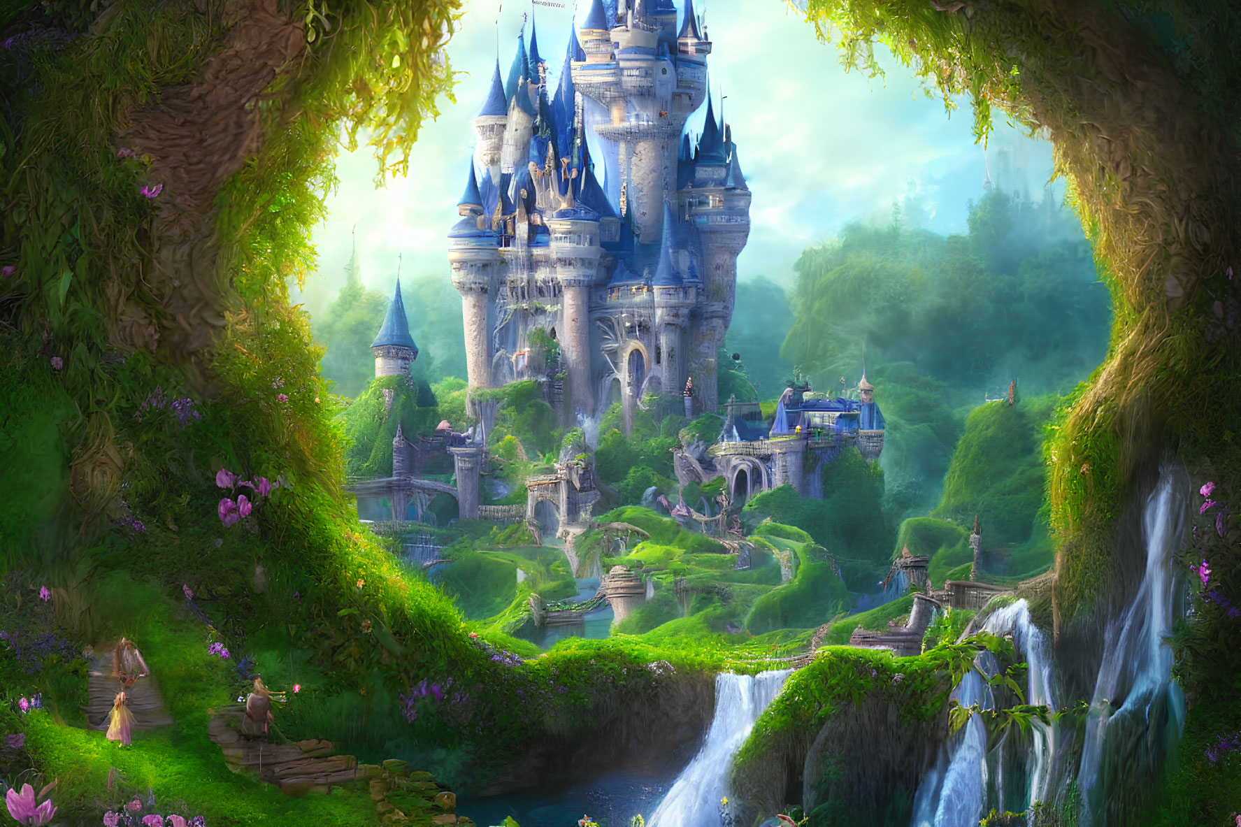 Majestic fairytale castle in lush forest with waterfalls and river