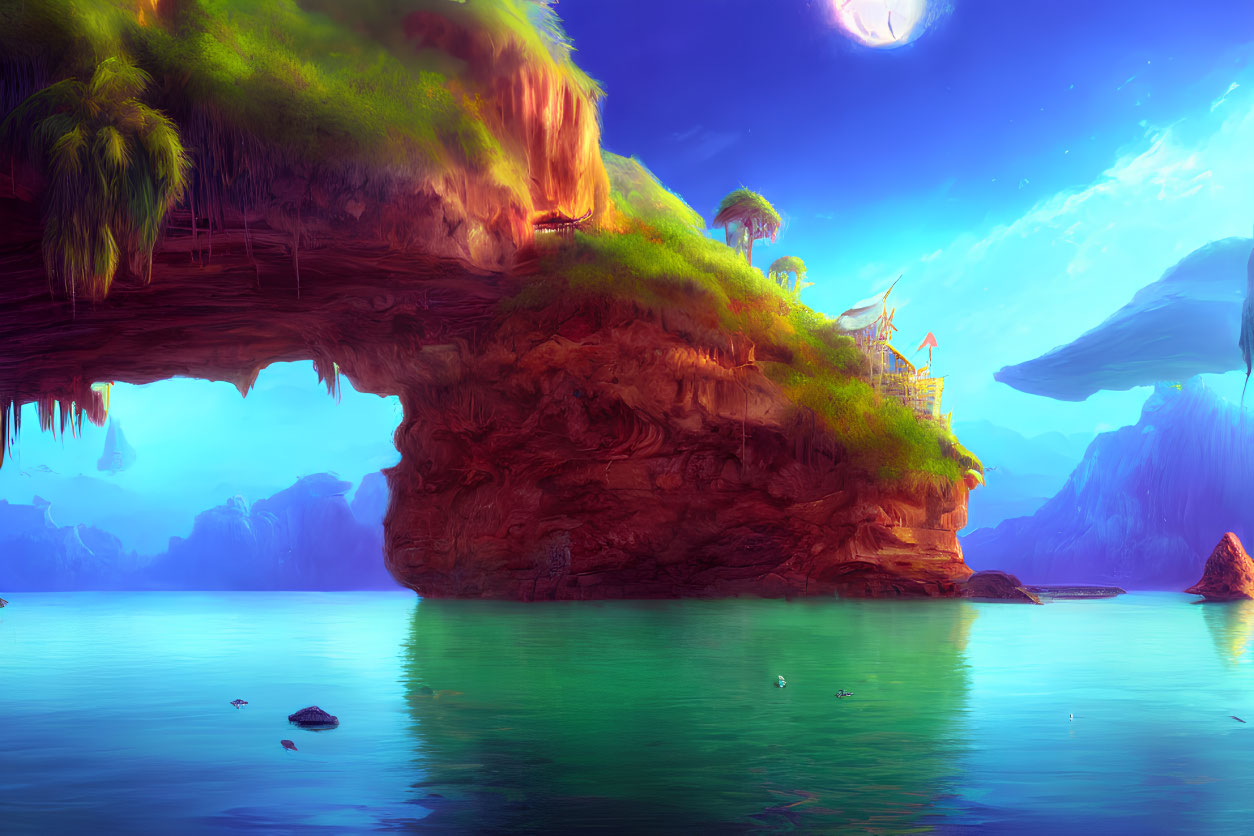 Fantastical landscape with lush cliff, turquoise sea, small structure, and large moon