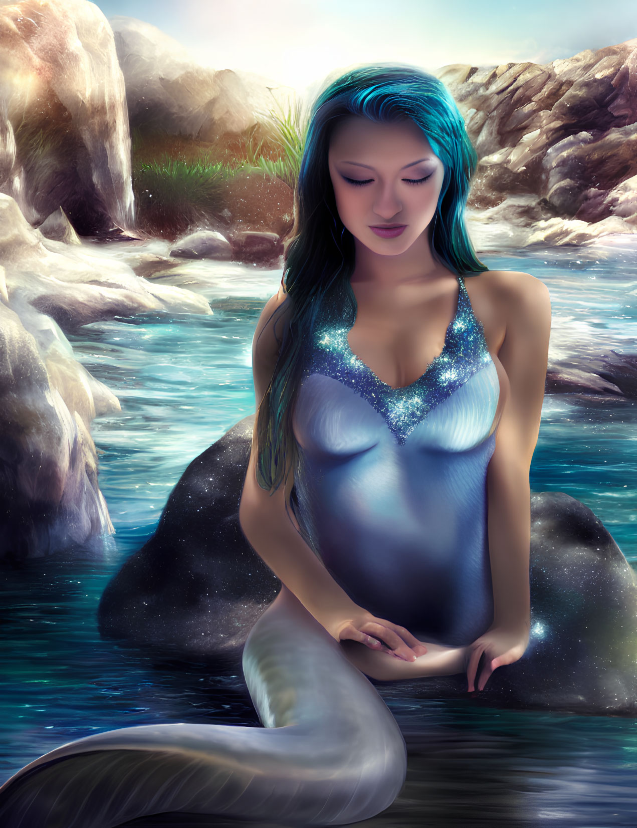 Blue-haired mermaid on rock by serene river with boulders and greenery
