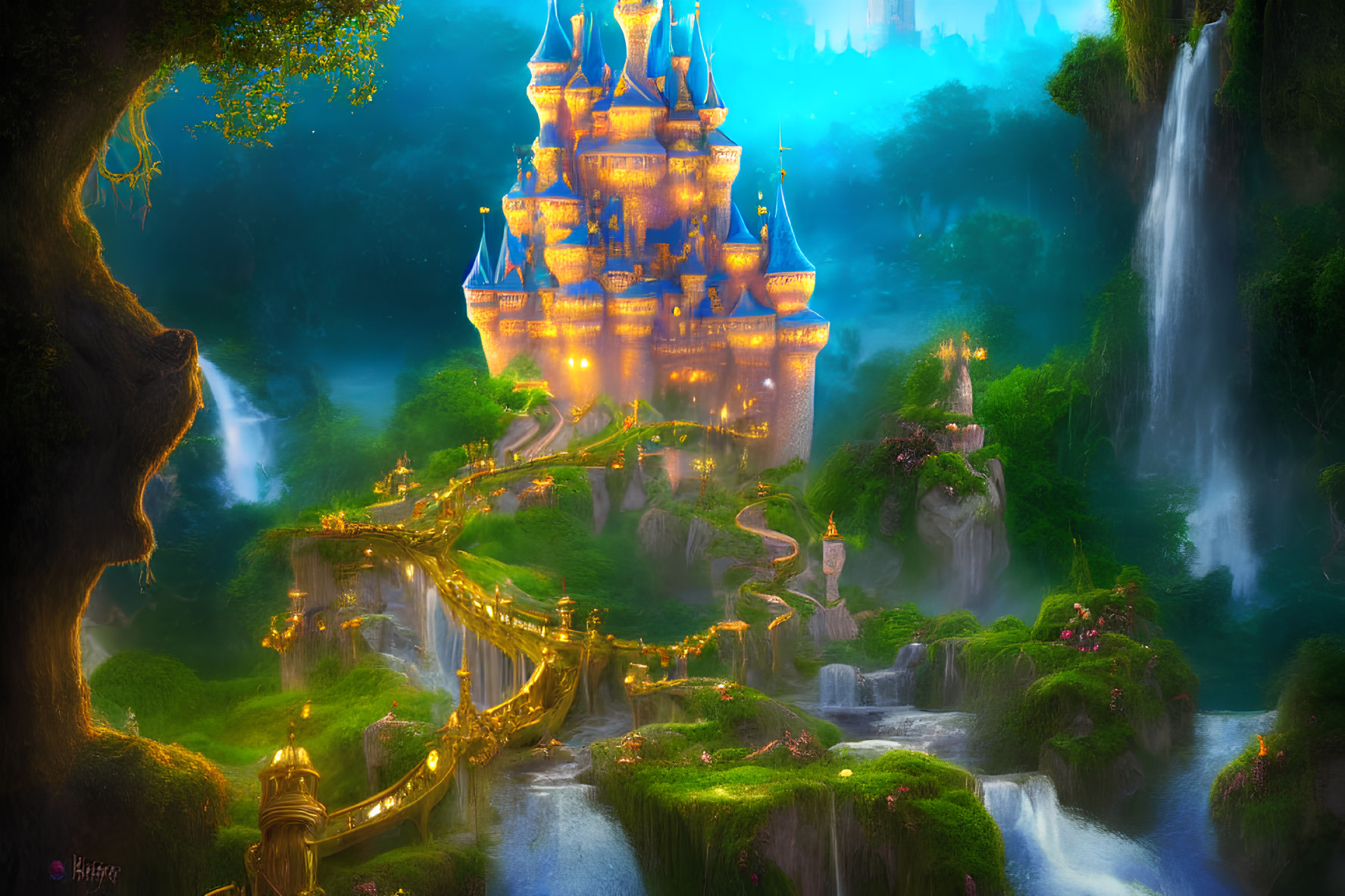 Luminescent castle on waterfalls with golden bridge in enchanted forest