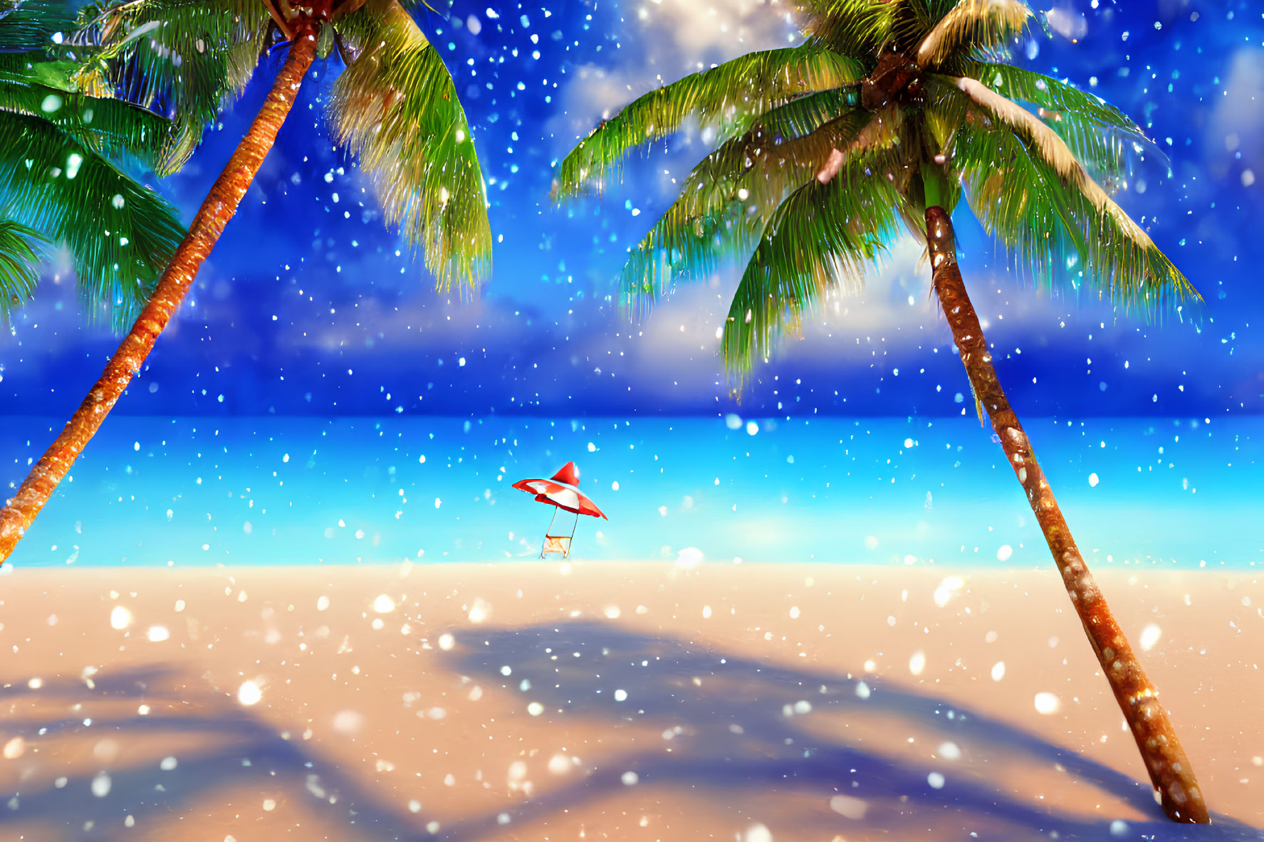 Tropical beach scene with palm trees, sun lounger, starry sky, and snowflakes