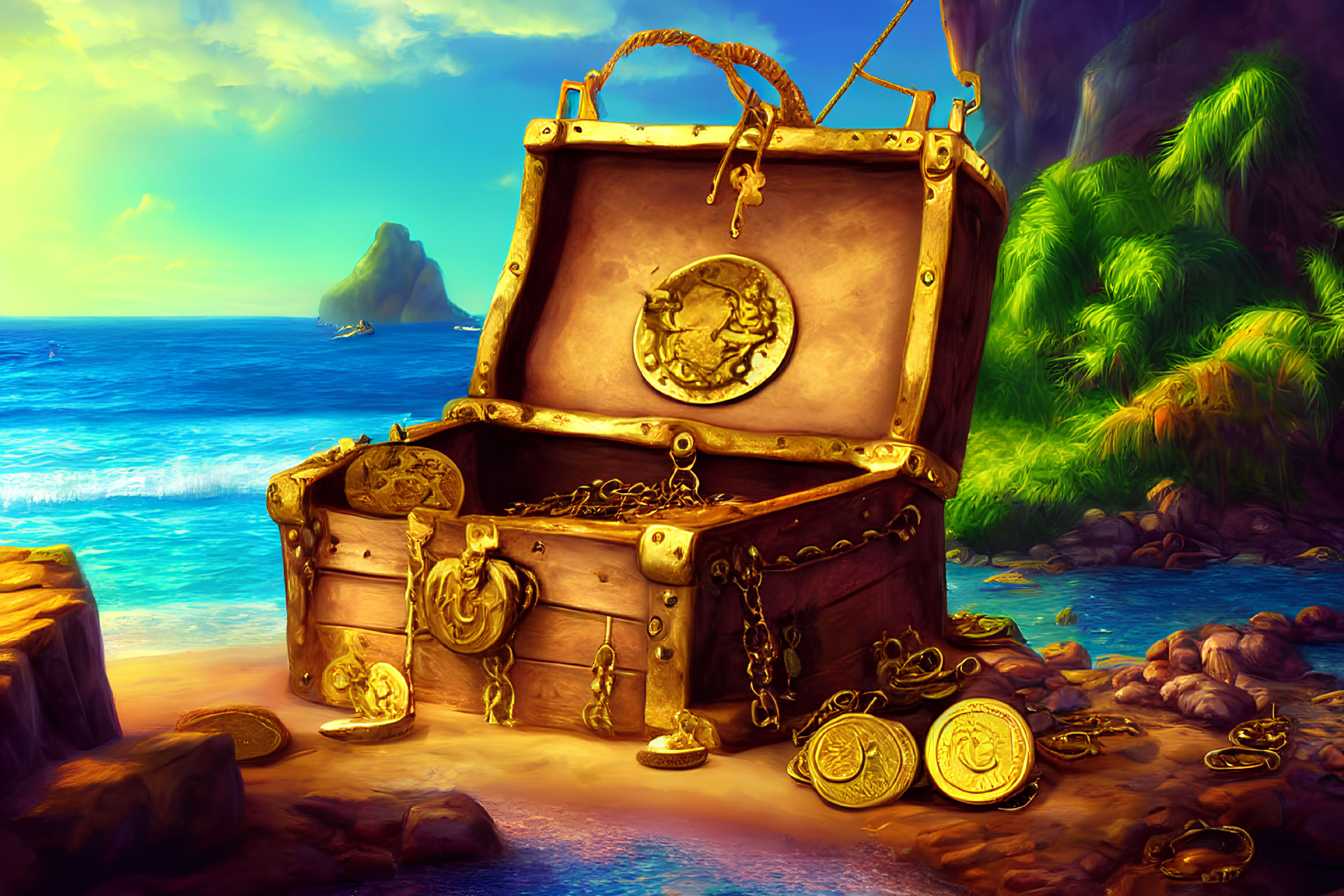 Treasure chest filled with gold coins on sandy beach with sea view