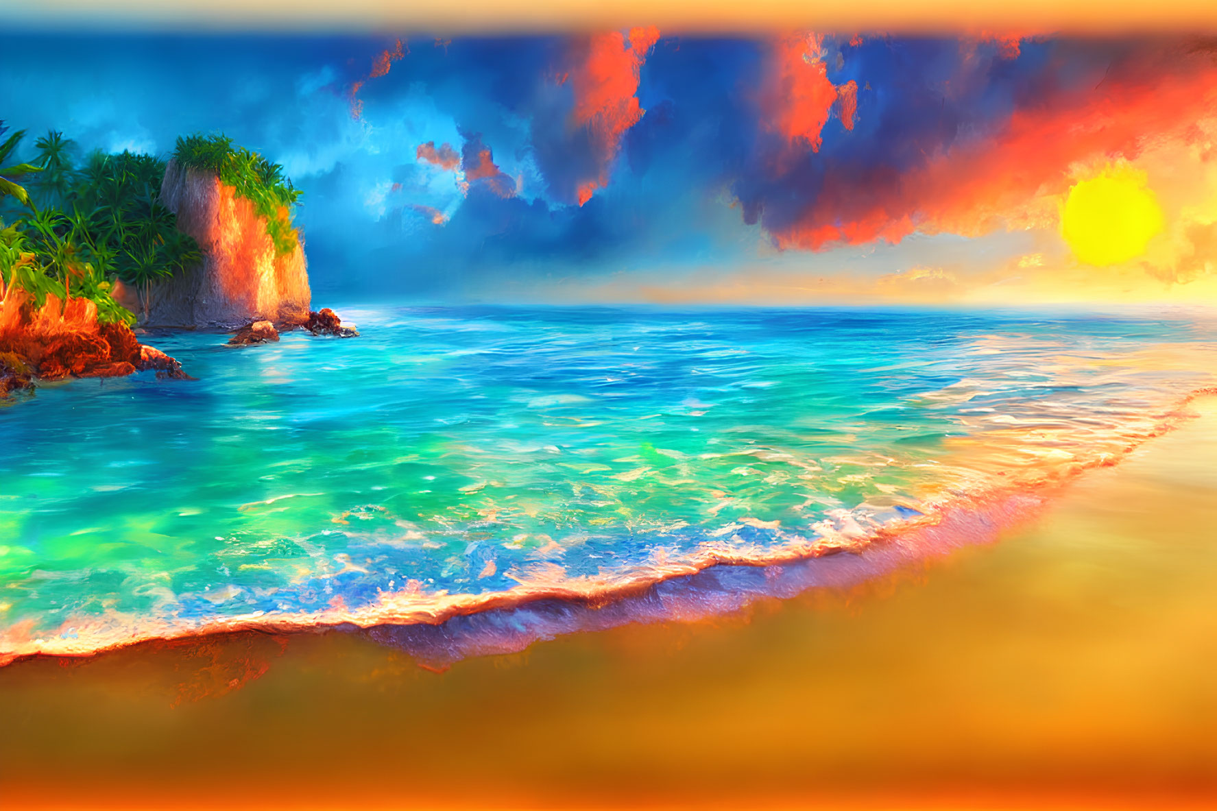 Scenic tropical sunset over tranquil ocean with golden sun and fiery clouds