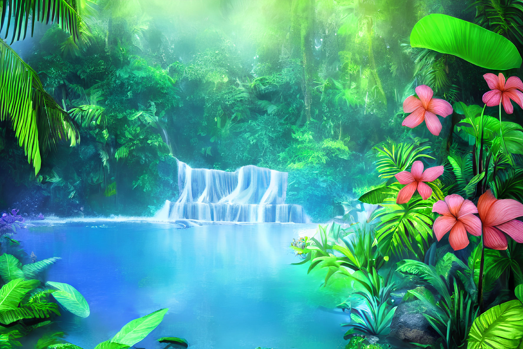 Tropical waterfall with green foliage and pink flowers