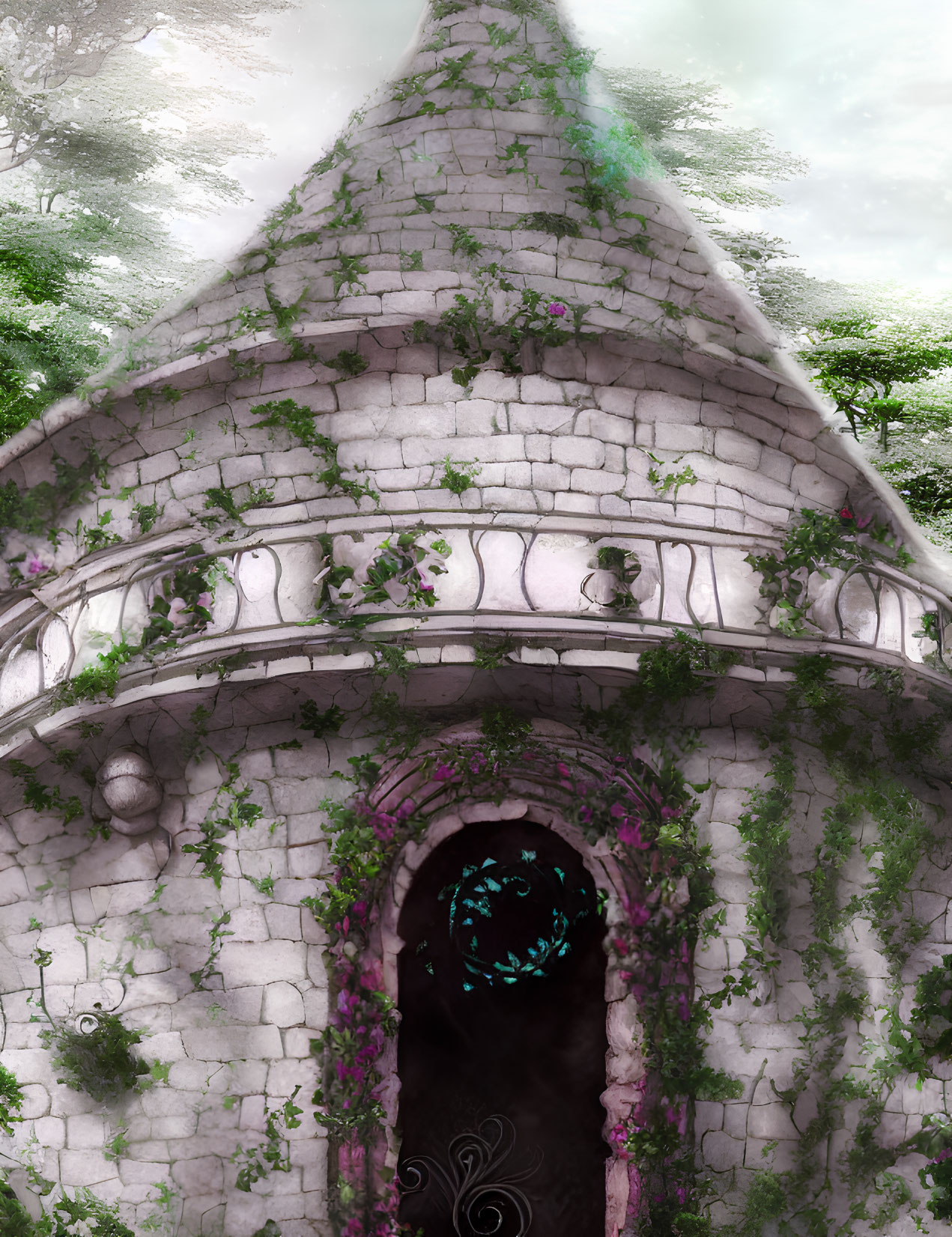 Stone tower with arched door and green vines, surrounded by ethereal trees under soft light